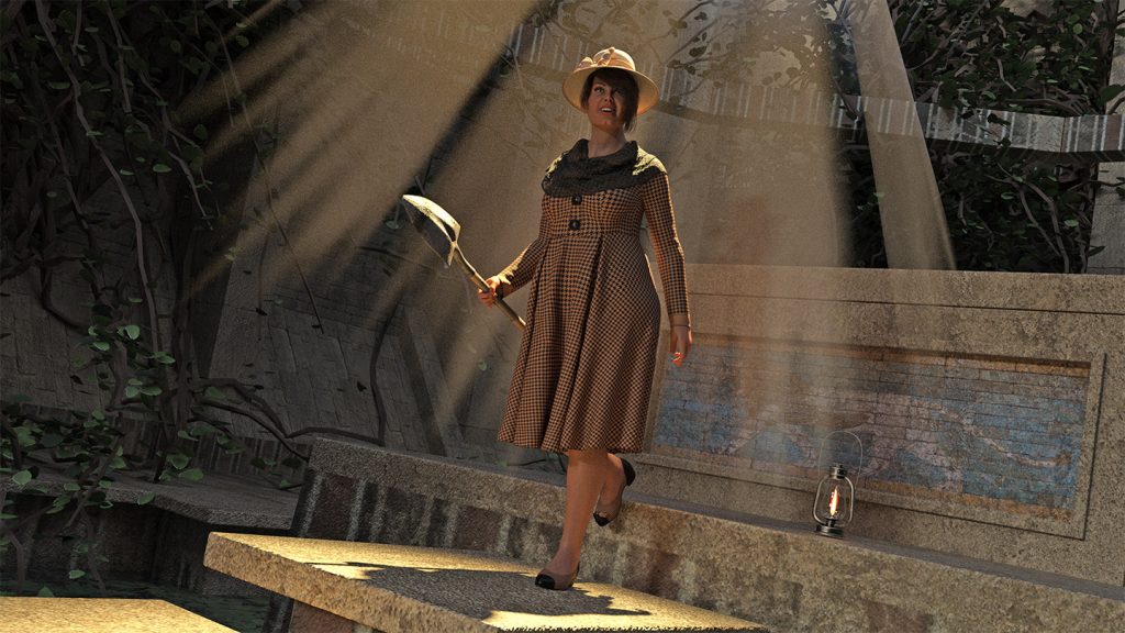 A 1930s Female Archaeologist carries a shovel into a dusty sunlit tomb.