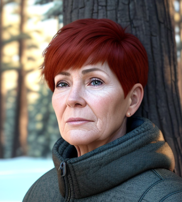 A ginger haired woman stands in a cold forest.