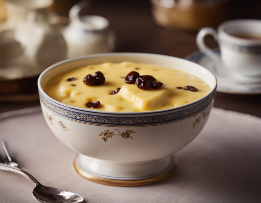 A China bowl contains a steaming bowl of custard and sponge.