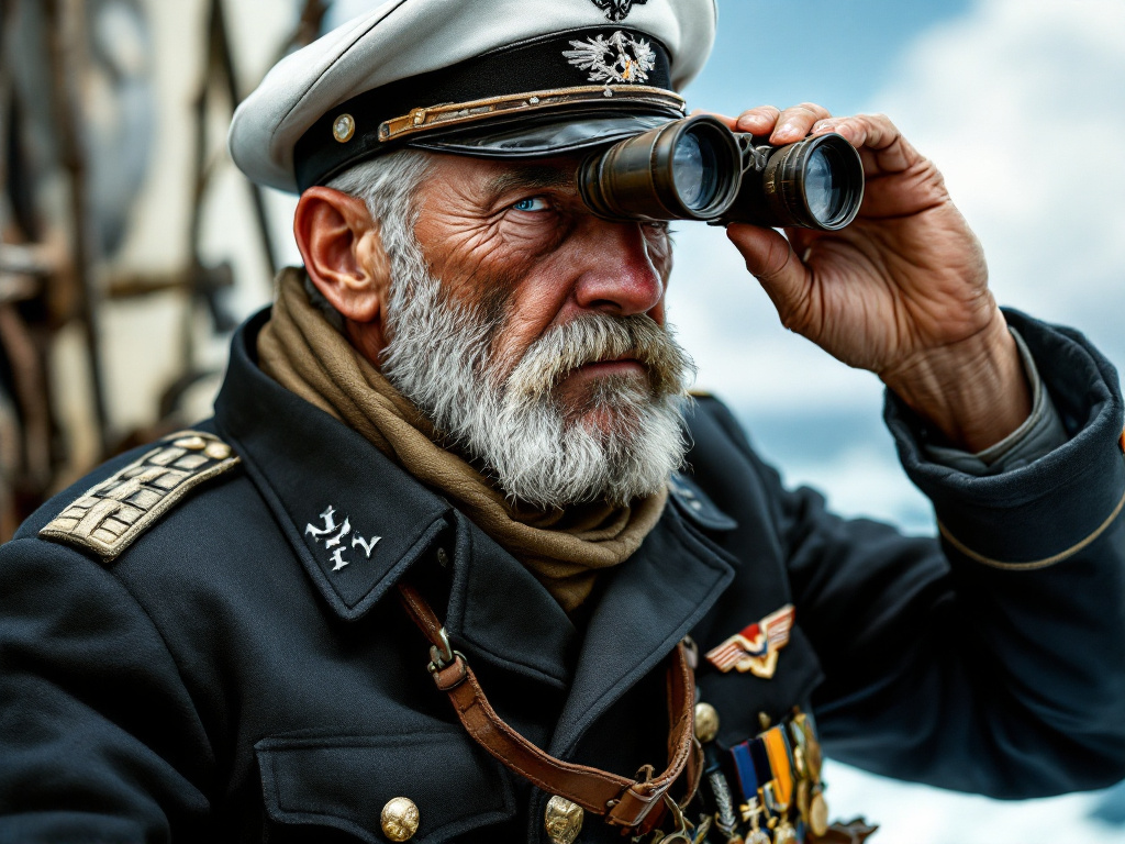A gruff sea captain holds binoculars up to his fore head - a demonstration AI images can be weird!