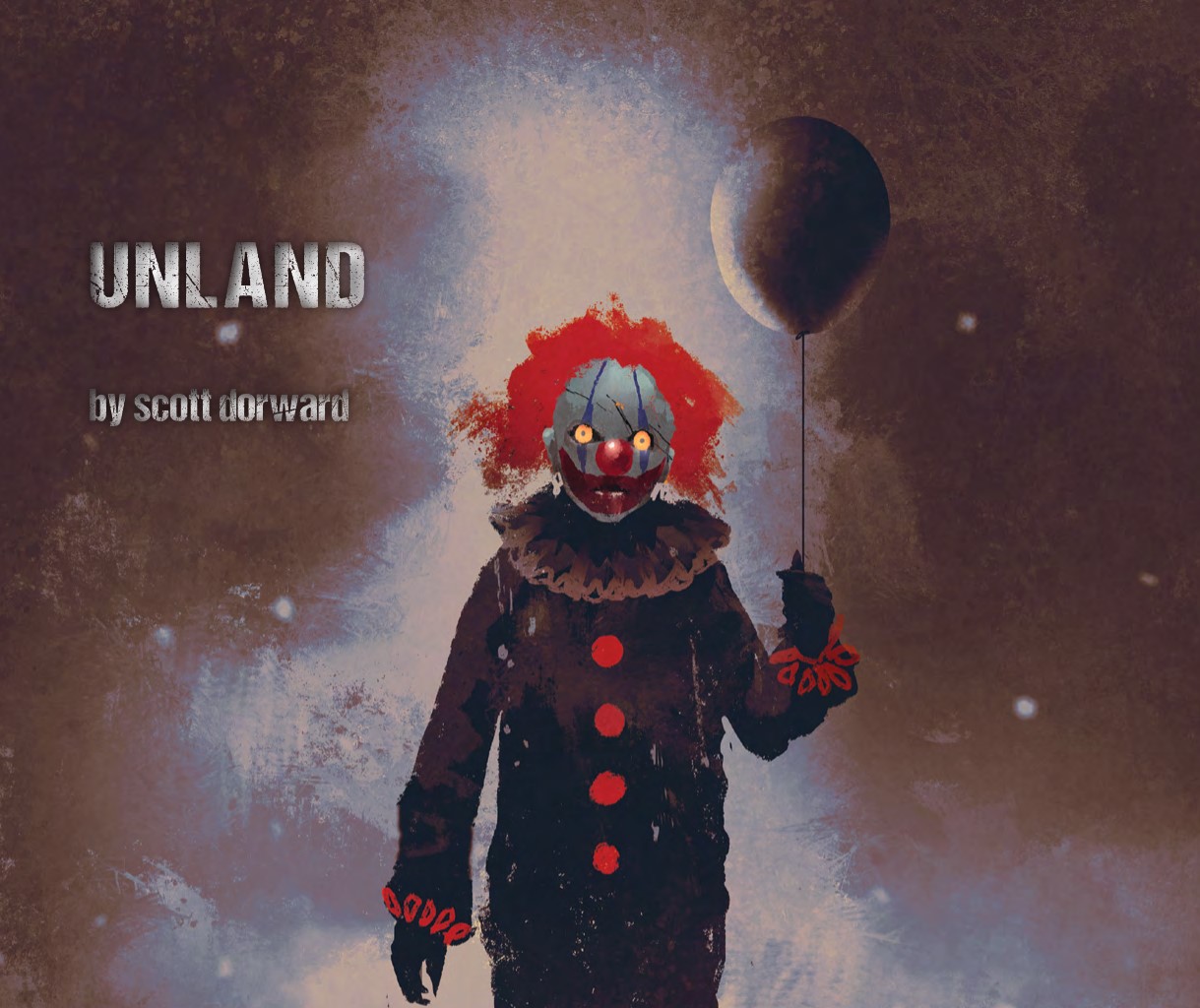 A scare clown holds a balloon and looks into your soul.