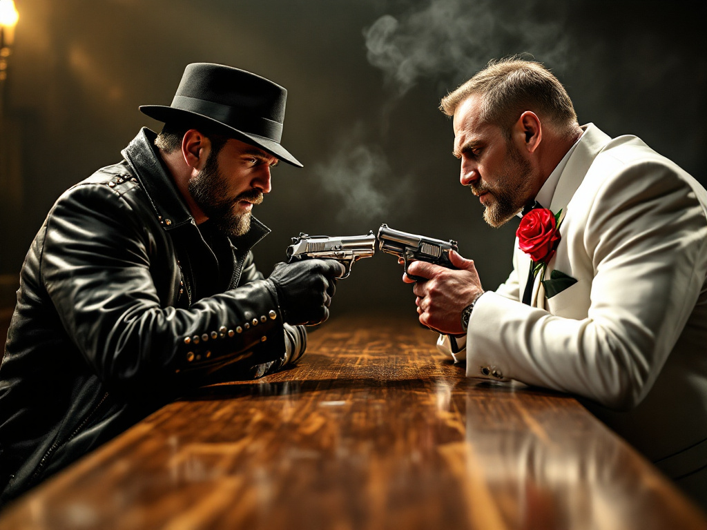 Two gangsters point guns at each other.