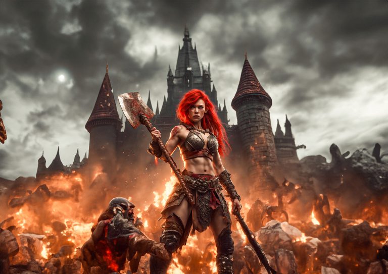 A red head female warrior stand in a faming battle field in front of a castle.