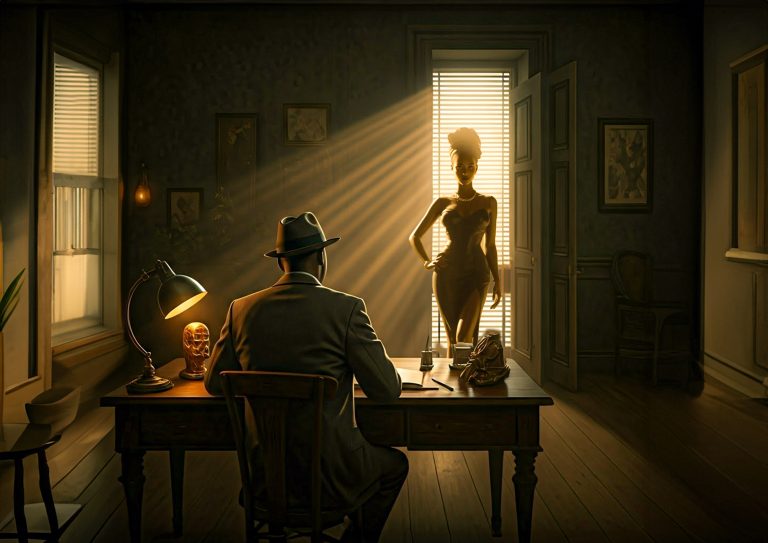 A 1920s detective office with a detective greeting a client at the door