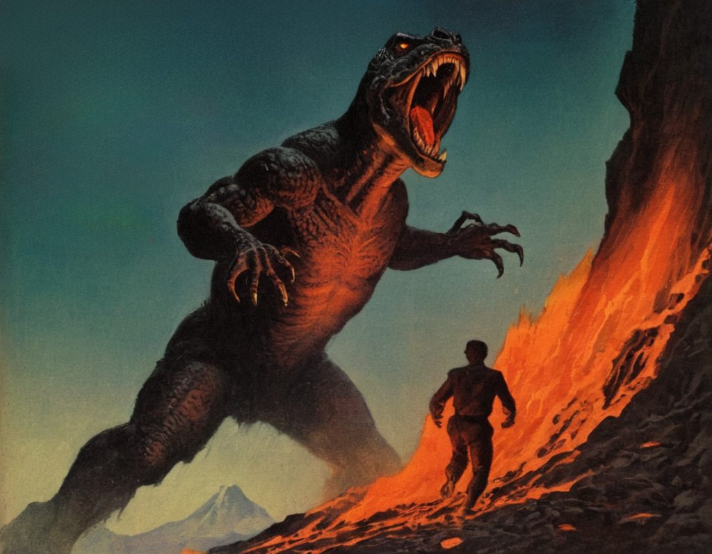 A hero fights a monster on a volcano 