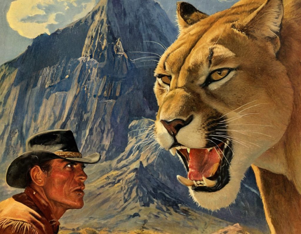 A cowboy faces a mountain lion
