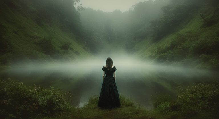 A woman looks out at a haunted lake