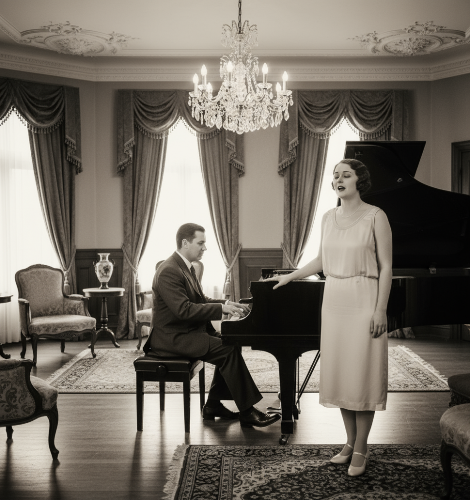 A man plays a piano when a lady sings