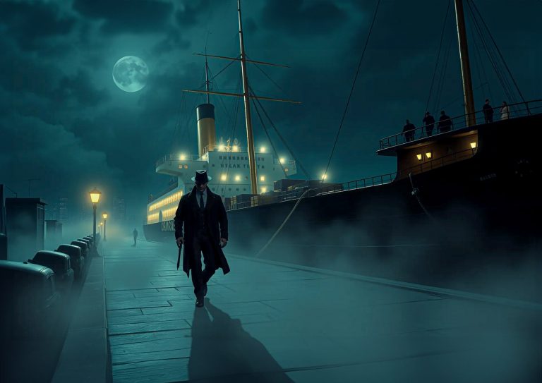 A long Cthulhu Investigator walks alone down a dock.