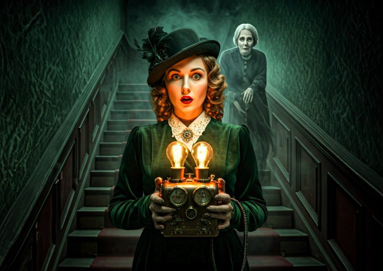 A lady stands on a stair case, holding a device, it flashed illuminating her face