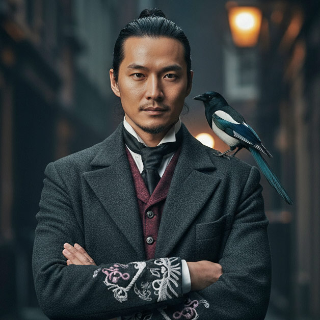 A handsome Korean man stand in Gaslight London with a Magpie on their shoulder