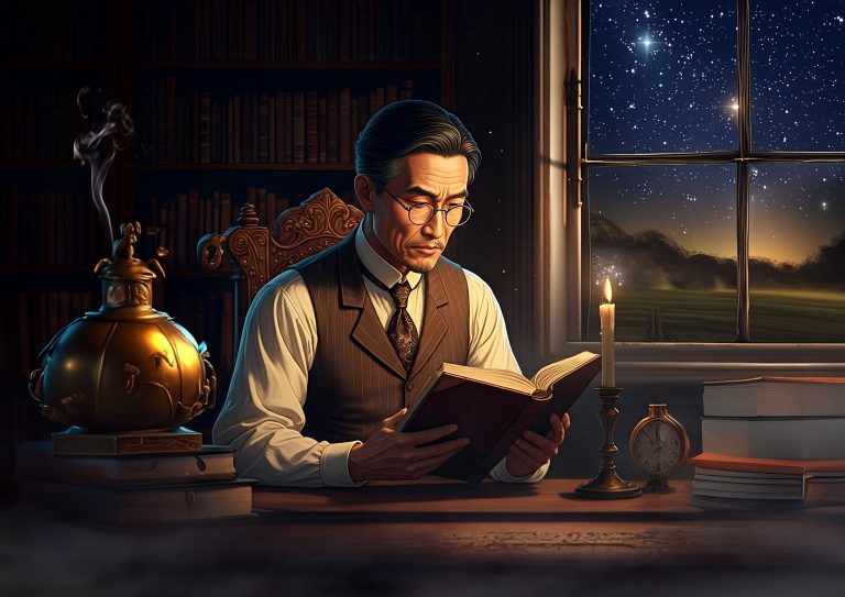 A man sits in a study reading a book as the universe swirls outside.