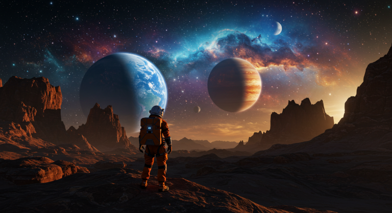 An stronaught looks out on a wonderous cosmos