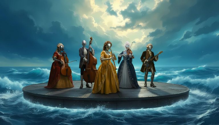 A robot orchestra plays on a disc platform floating on the sea.