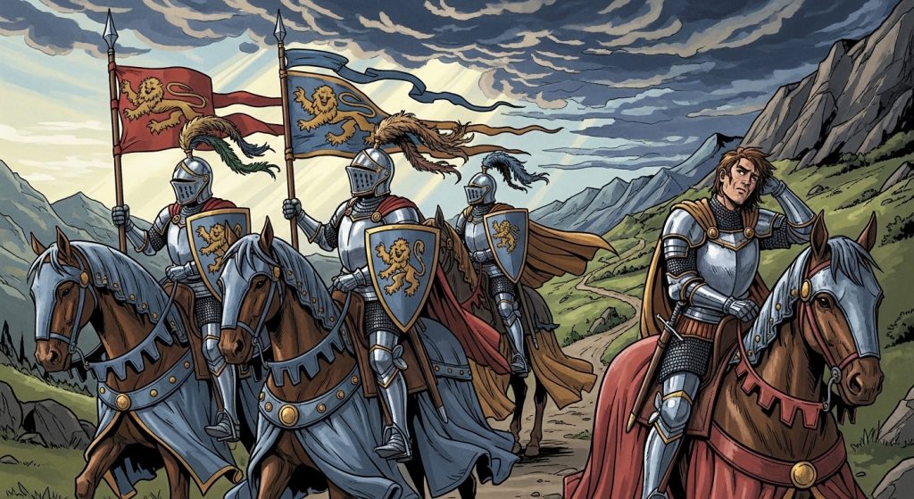 A bored knight watches others being heroic.