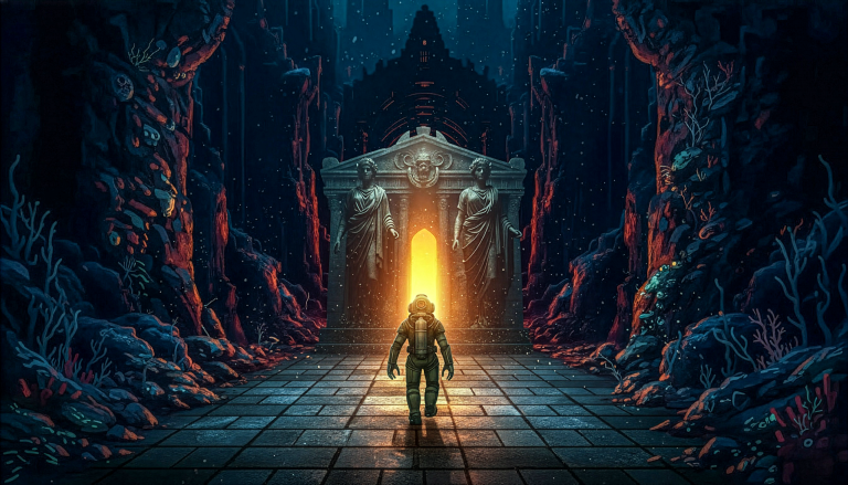 a deep sea diver walks into a supernatural undersea temple