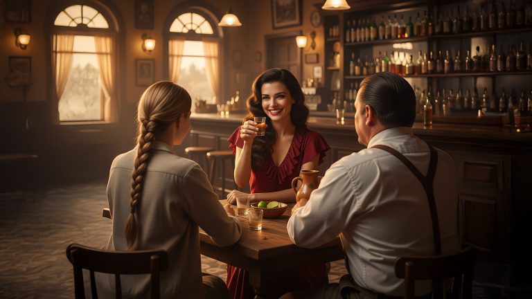 Three friends sit in a sunlit bar sipping a drink