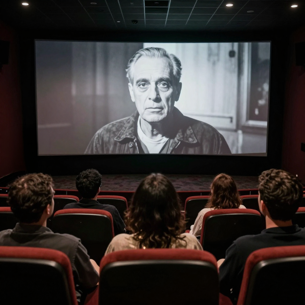 The camera is behind five people facing forwards siting in a independent cinema screen as a old back and white horror movie is shown on the cinema screen