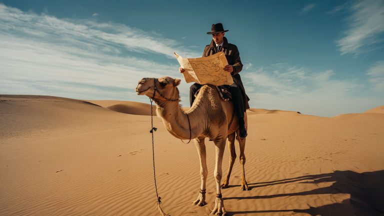 A 1920s investigators sits on a smug camel in the desert reading a treasure map.