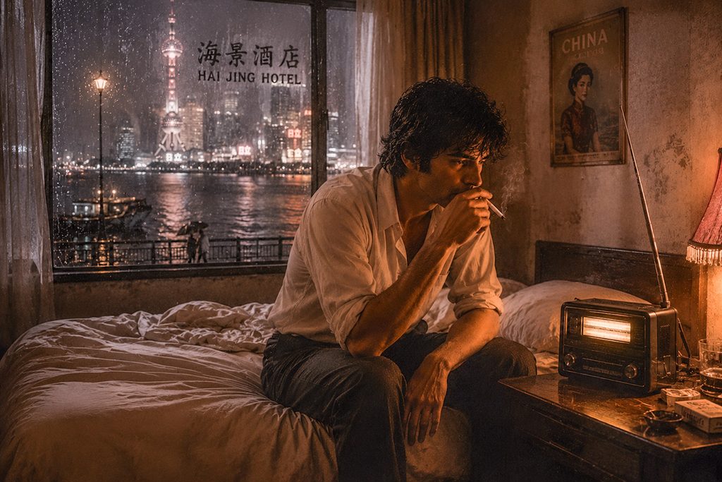 A man sits on a bed in a hotel on the coast listing to his chinese radio.