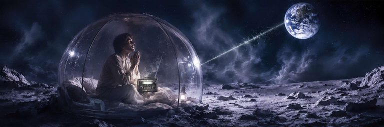 A man in praying to a chinese radio in a plastic bubble on the moon.
