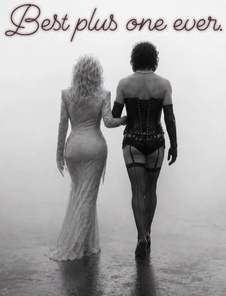 An AI image of Dolly Parton and Tim Curry as Frank N Furter walk away from the camera.