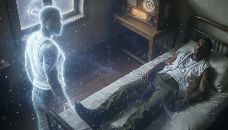 The spirit of a man looks into the distance as his body lays on the bed in a 1960s hotel room.